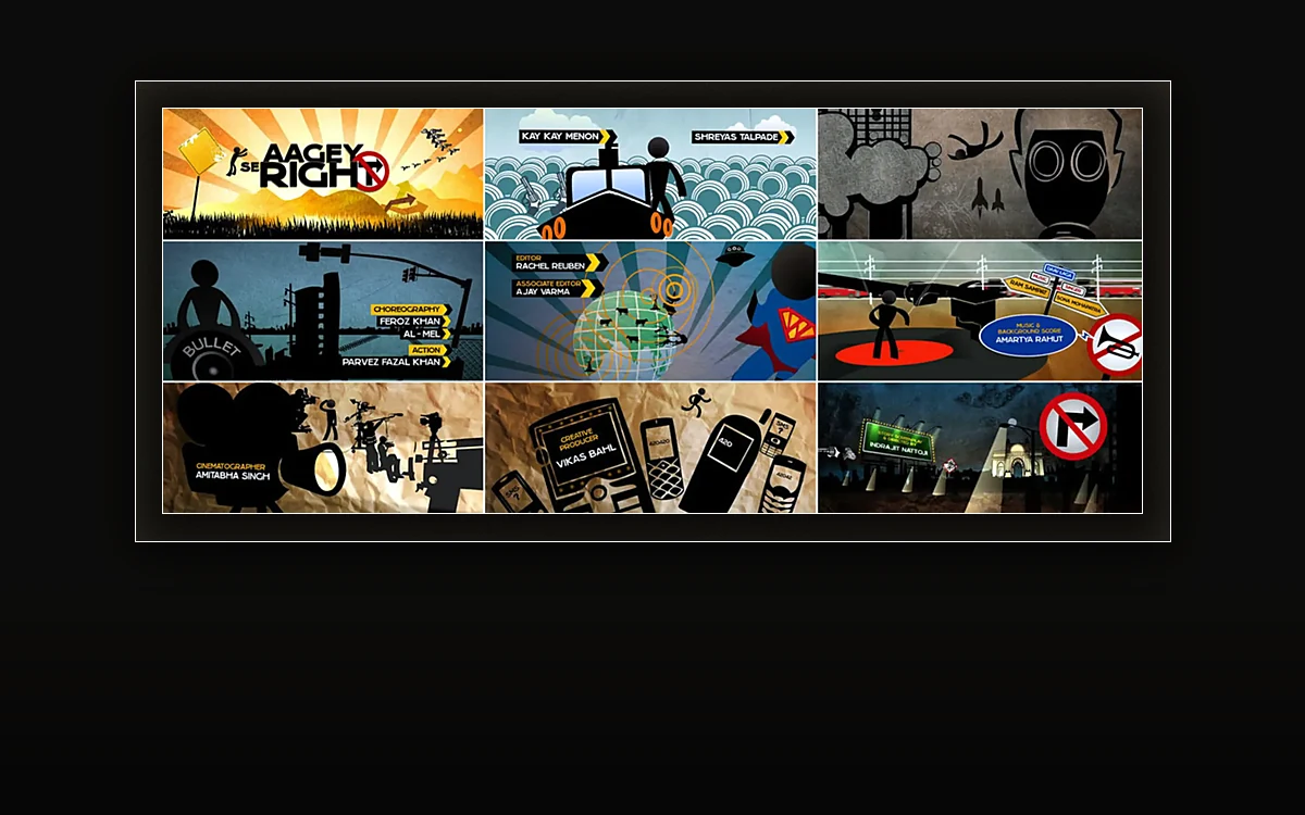 Nine-panel storyboard grid of title-sequence stills for the film Aagey Se Right: sunburst hills, sea waves, a gas mask, city skylines and the Gateway of India at night