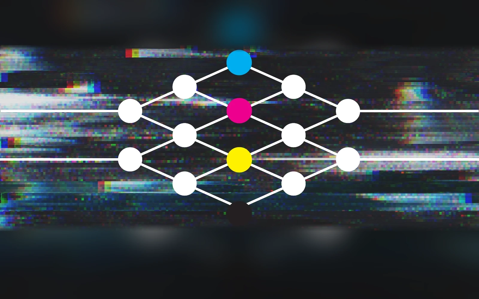 Neural network lattice with CMYK nodes over a dark digital glitch background — The Augmented Designer