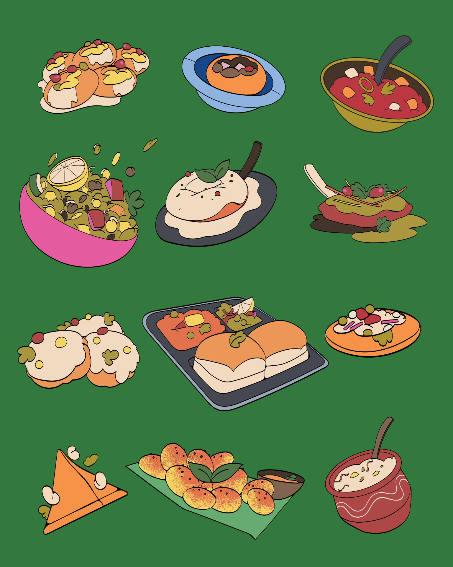 CHAATERY - Illustrated chaat menu items collection on green background