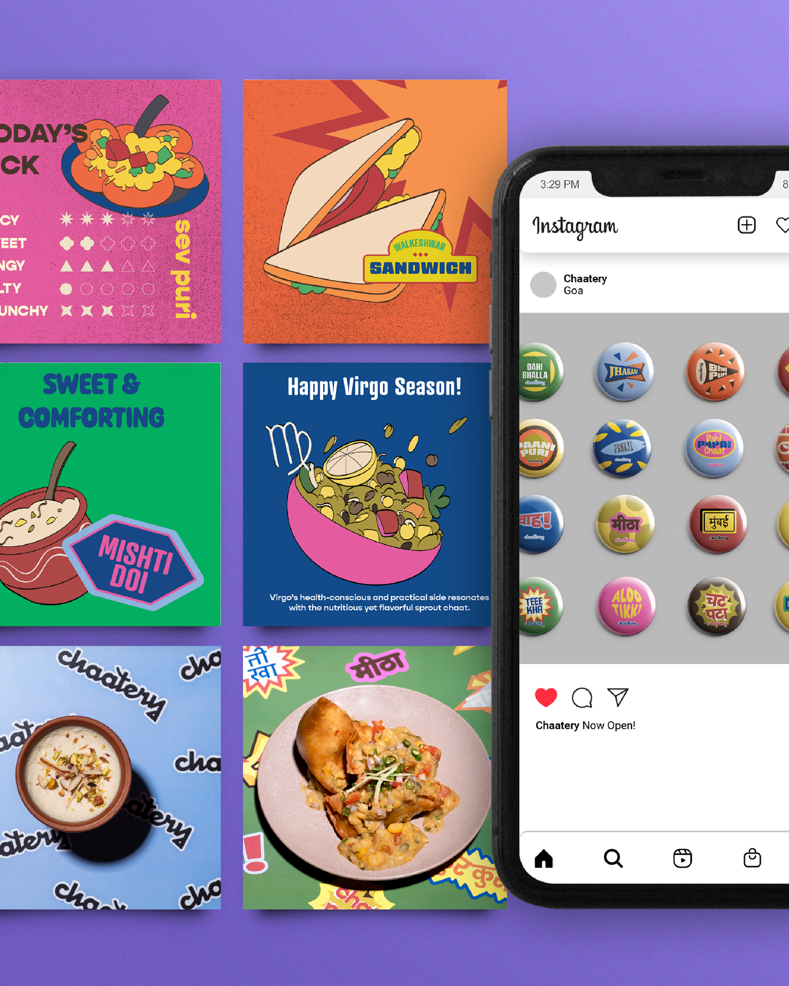 CHAATERY - Social media content grid with illustrated posts and Instagram mockup