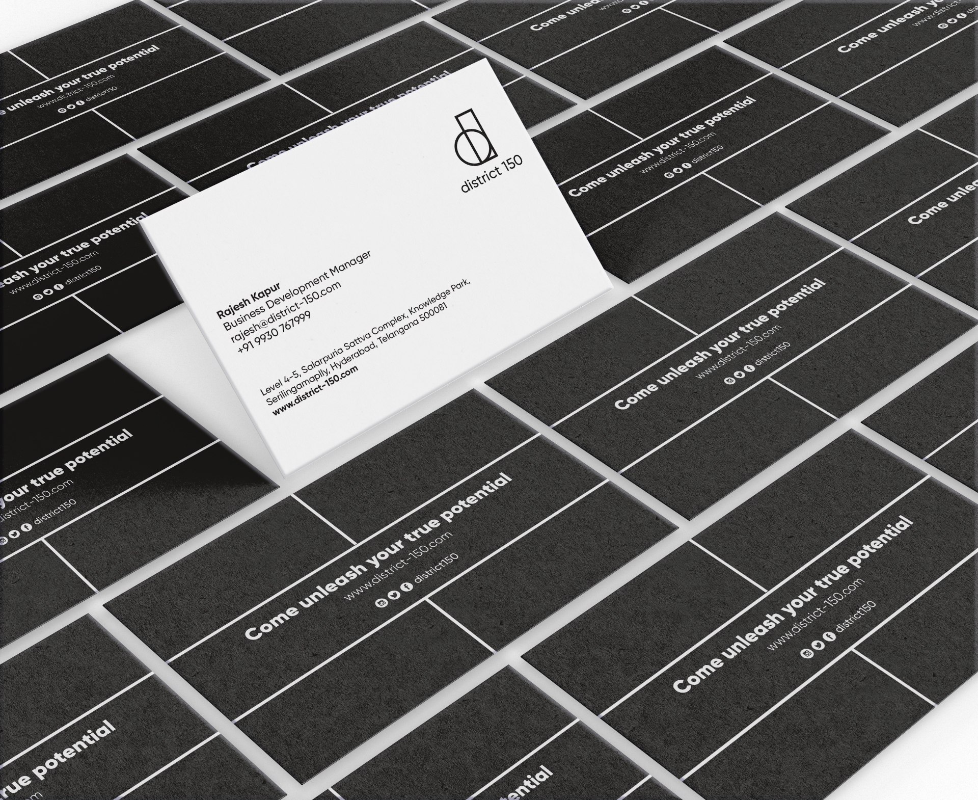 District 150 - Business card design with minimal layout and brand elements