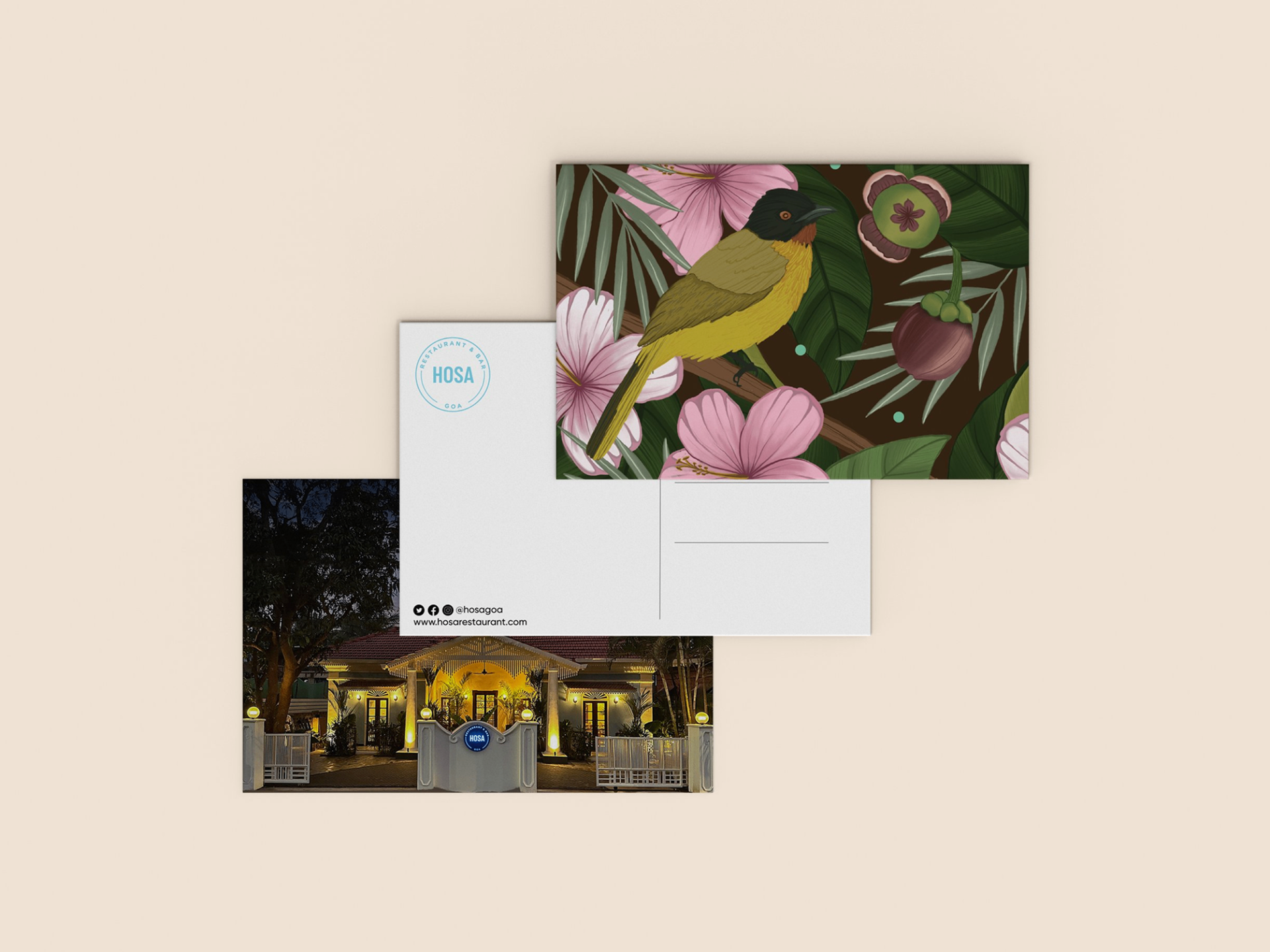 HOSA GOA - Branded postcards featuring botanical illustrations and restaurant exterior