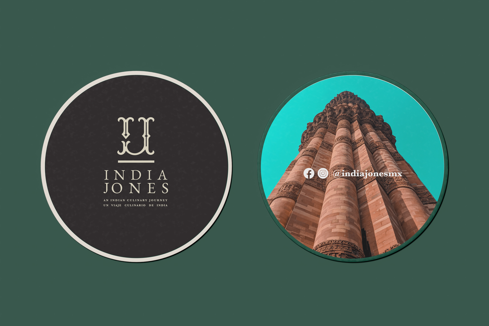 India Jones - Circular branding materials with logo and Indian architectural photography