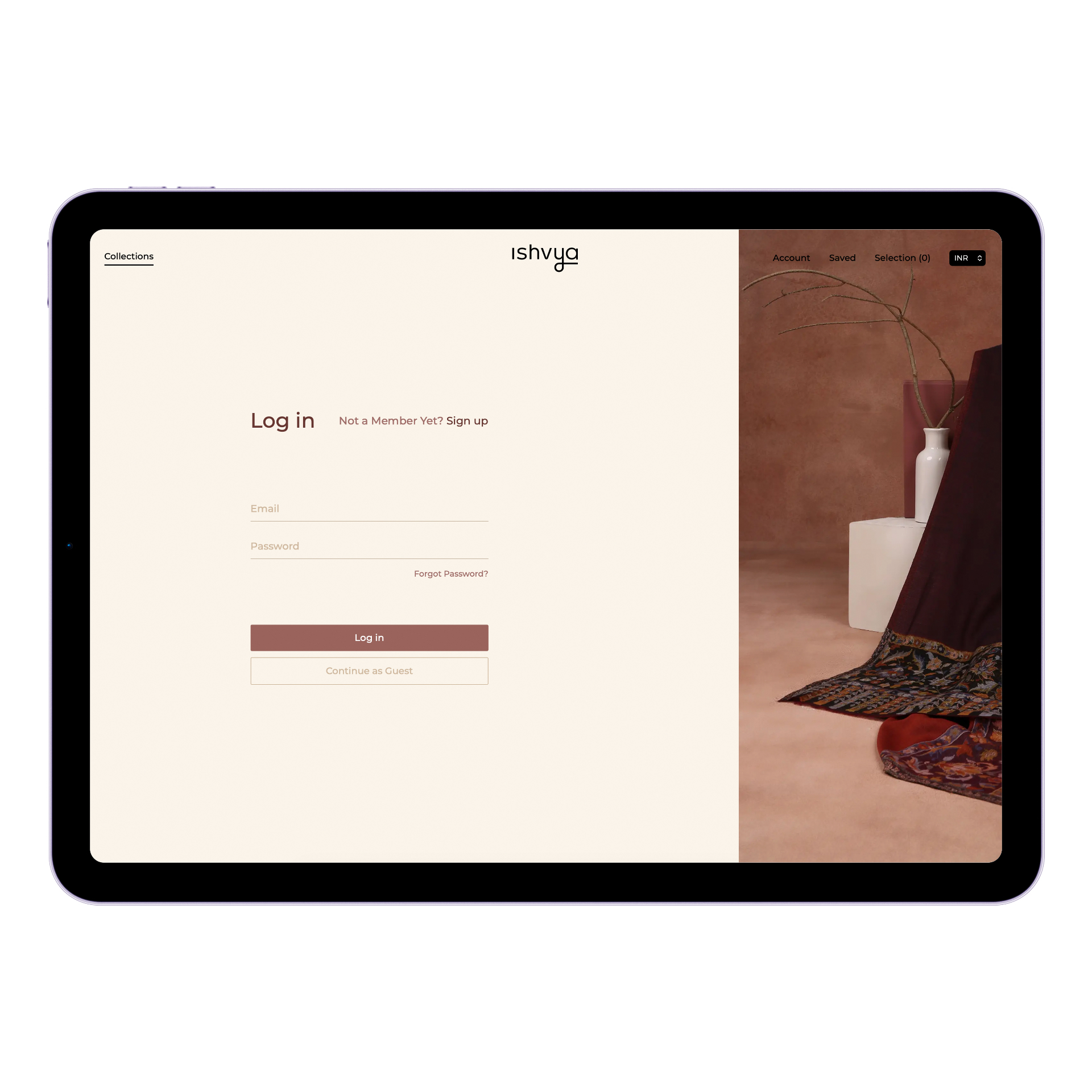Ishvya website - login page on iPad