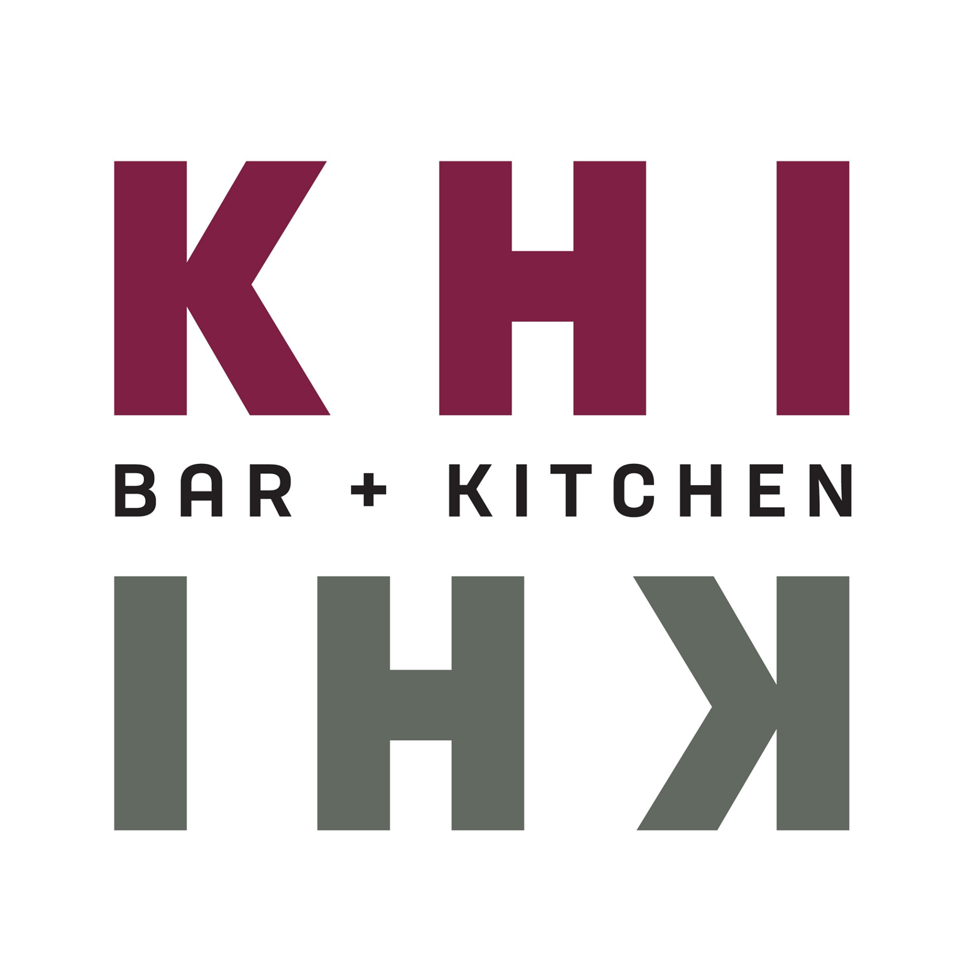 KHI KHI brand logo featuring bold burgundy and olive green typography with 'BAR + KITCHEN' tagline