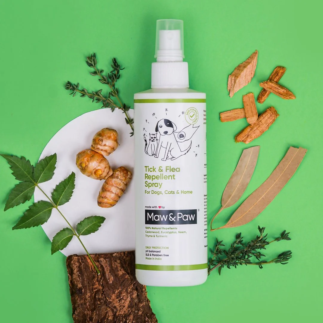 Maw & Paw tick and flea repellent spray with natural ingredients on green background