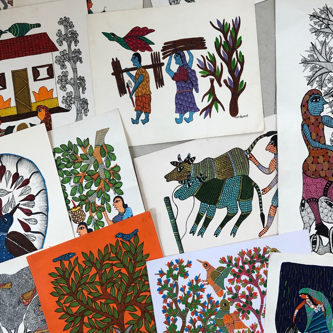 Taru Naturals - Collection of colorful Gond tribal art paintings featuring traditional motifs, animals, and nature