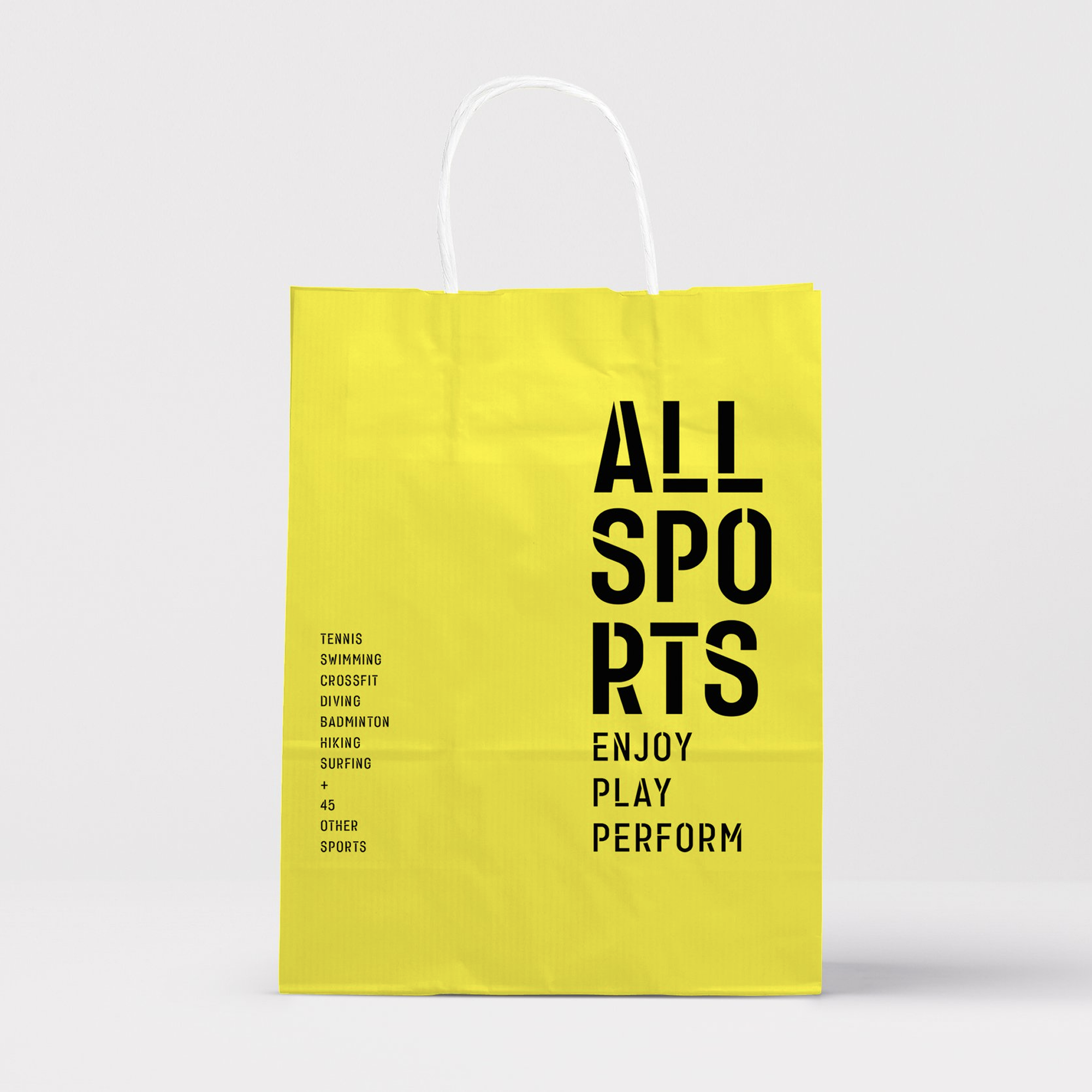 ALL SPORTS - Yellow shopping bag with brand logo and sports list